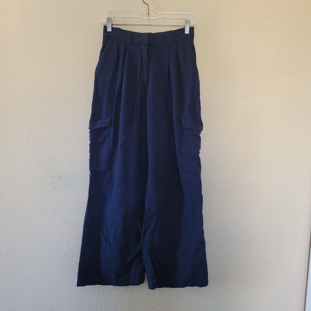 Abercrombie & Fitch Linen Blend Cargo Pants Sz Xsmall Navy Blue Wide Leg Coastal